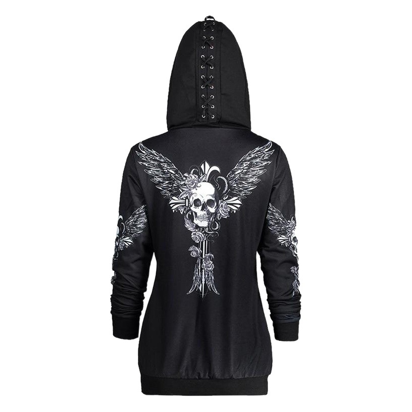 9424 AliExpress WISH impreso con capucha de manga larga suéter cráneo alas de encaje sudadera