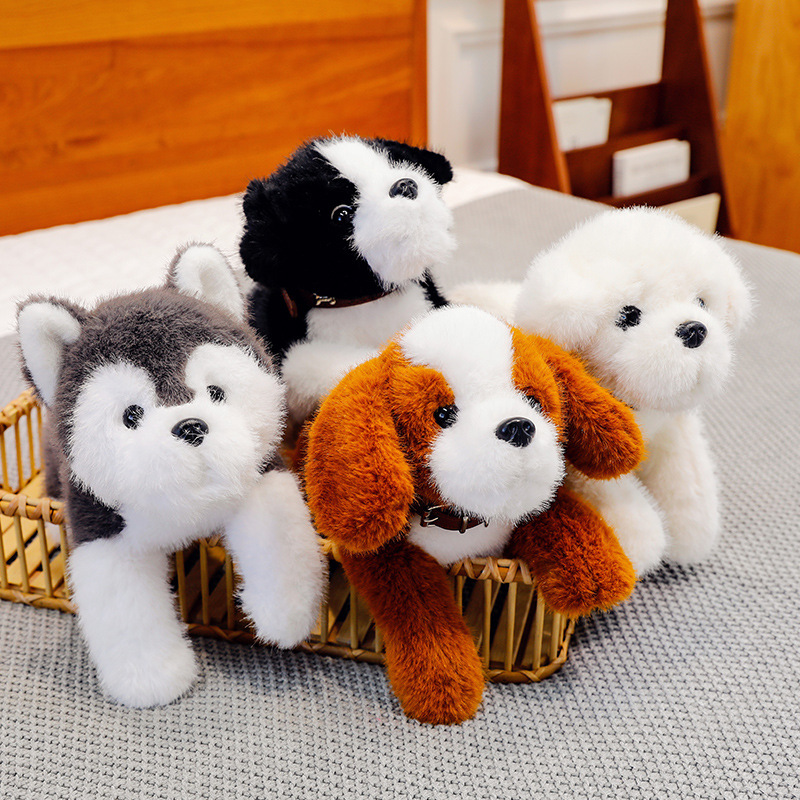 Cute collar perro juguete de peluche cachorro muñeca husky muñeca de pelo dorado suave lindo dormir simulación perro suave