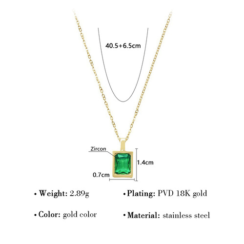 Light luxury and compact French square colored zirconium necklace rock sugar square brick fine titanium steel plated 18K real gold necklace clavicle chain