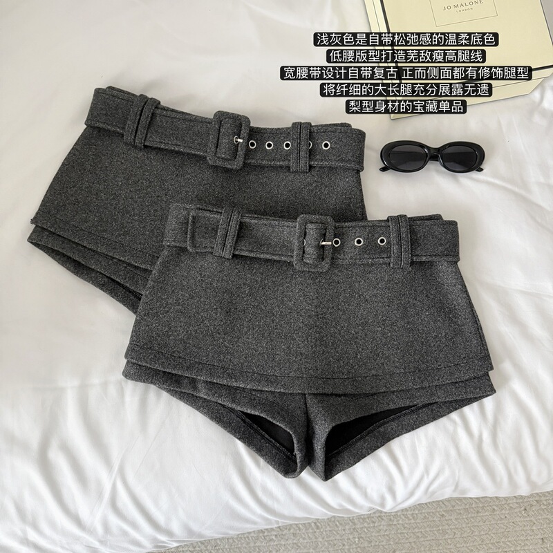Gray Woolen Shorts and Skirts for Women in Autumn and Winter European Style High-Waisted Slimming Look Design Belt Slimming Look Versatile Pants and Skirts Gray Woolen Shorts and Skirts for Women in Autumn and Winter European Style High-Waisted Slimming Look Design Belt Slimming Look Versatile Pants and Skirts