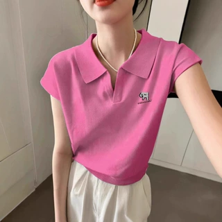 polo领刺绣夏季薄款冰丝短袖女短款针织小飞袖简约甜系少女风上衣