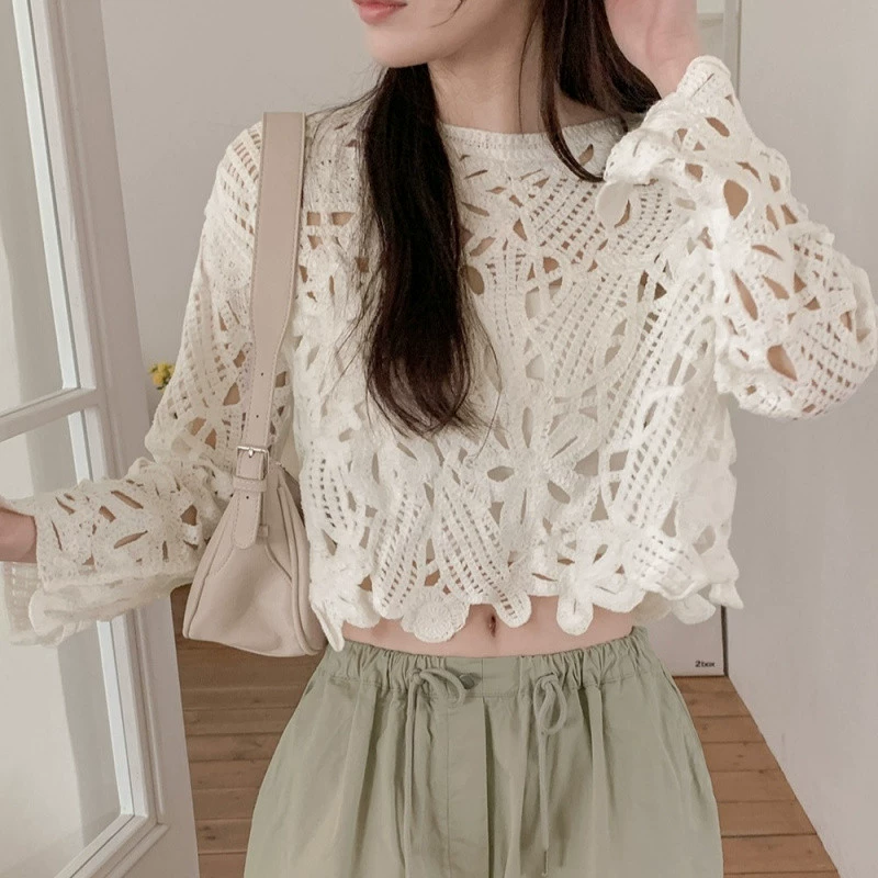 YS8 в наличии шикарный летний корейский стиль французское кружево вязаный крючком ажурный многослойный универсальный топ для защиты от солнца