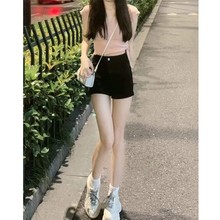 黑色牛仔短裤女含棉春秋薄款新款高腰宽松a字超短紧身热裤辣妹