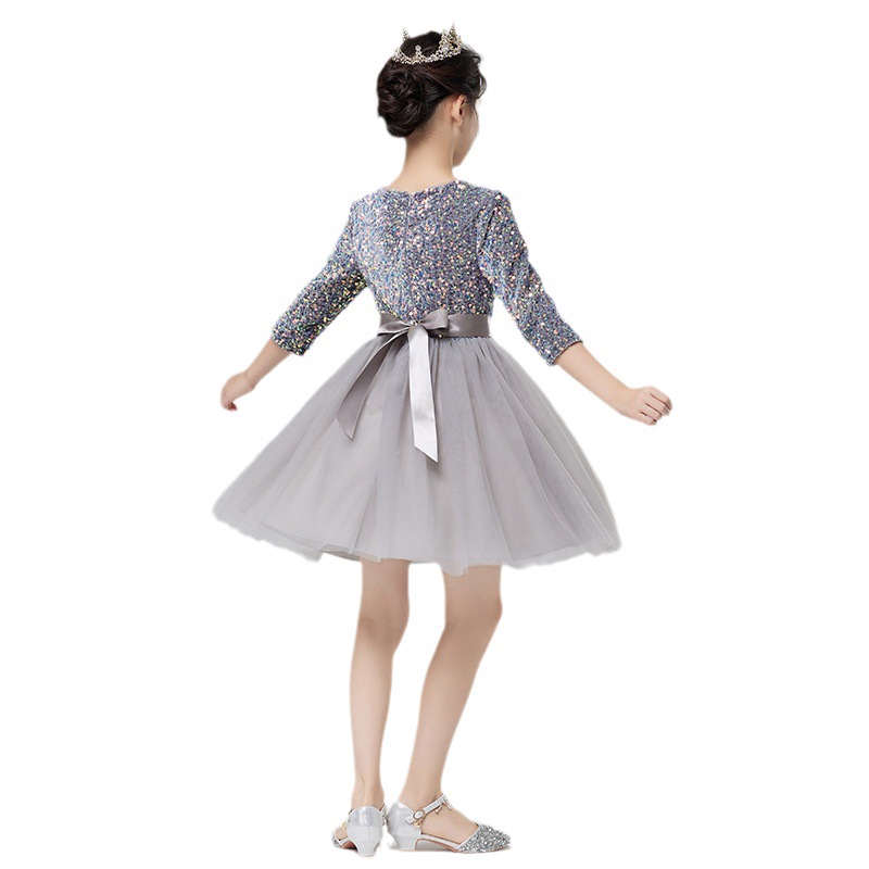Vestidos para niños, vestidos de princesa de alta gama para niñas, vestidos de interpretación de piano gris, vestidos cortos de manga larga para niños