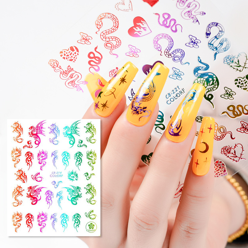 Joyas de manicuras láser fantasía serie de pegatinas de uñas de color dragón y phoenix de estilo chino colorido pegatinas de uñas de serpiente