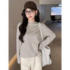 条纹长袖T恤女2025年春秋冬季圆领宽松内搭慵懒风打底衫百搭上衣