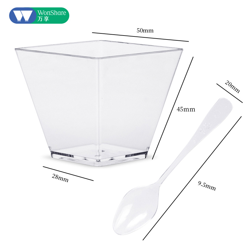 Traje 60ml taza de mousse cuadrada con tapa y cuchara 2oz taza de postre taza de pudín transparente de plástico duro en caja en stock