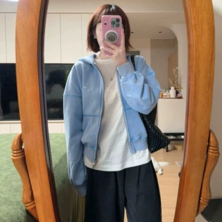蓝色复古水洗做旧连帽卫衣外套女秋季新款设计感明线撞色短款开衫
