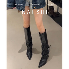 羊皮版~尖头粗跟裤管靴女设计感皮带扣高筒骑士靴不过膝牛仔长靴