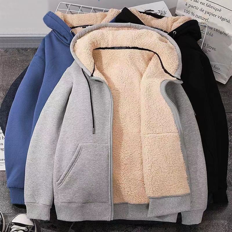Zipper Lamb Fleece Solid Color Men's Winter fleece-lined Thickened Warm Jacket Loose plus size Hooded Cardigan Sweater Trendy 12 Zipper Lamb Fleece Solid Color Men's Winter fleece-lined Thickened Warm Jacket Loose plus size Hooded Cardigan Sweater Trendy 12