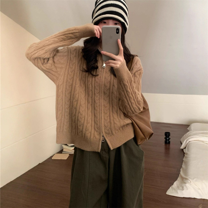 简约纯色麻花立领拉链毛衣外套女秋冬新款慵懒风宽松针织开衫上衣|undefined