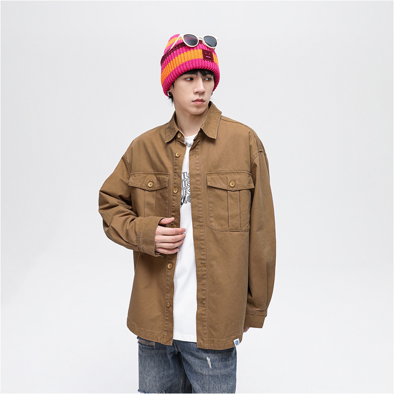 GTRG new Japanese style workwear multi-pocket shirt men's long sleeve loose lapel jacket casual cardigan shirt jacket