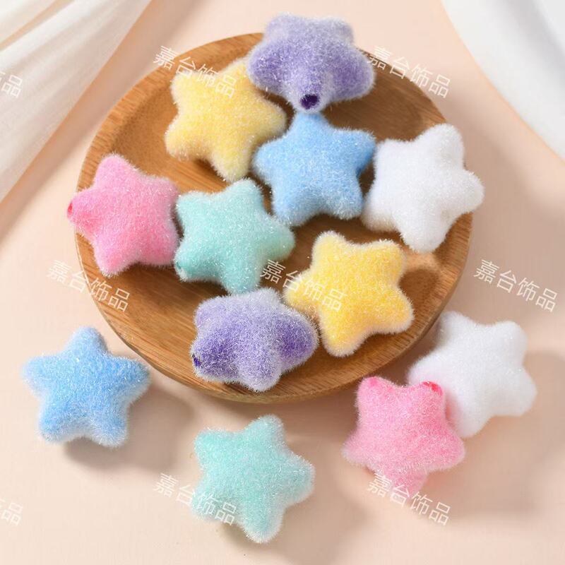24mm Macaron Flocking Long Hair Five-pointed Star Star DIY Through Hole Mobile Phone Chain Keychain Head Rope Accessories