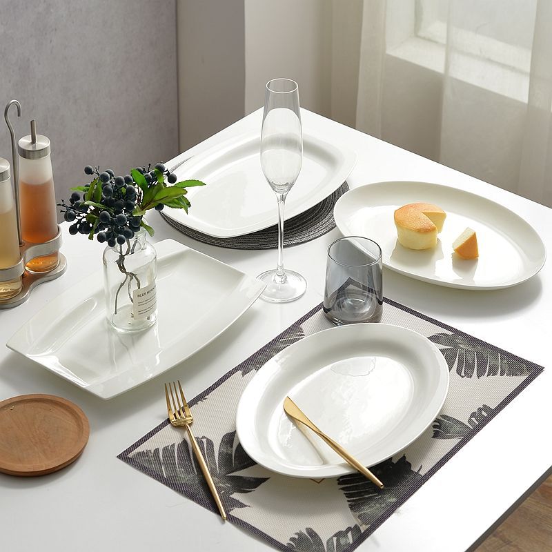 Pure white bone china fish plate household creative plate large square Japanese fish plate steamed fish plate ceramic tableware