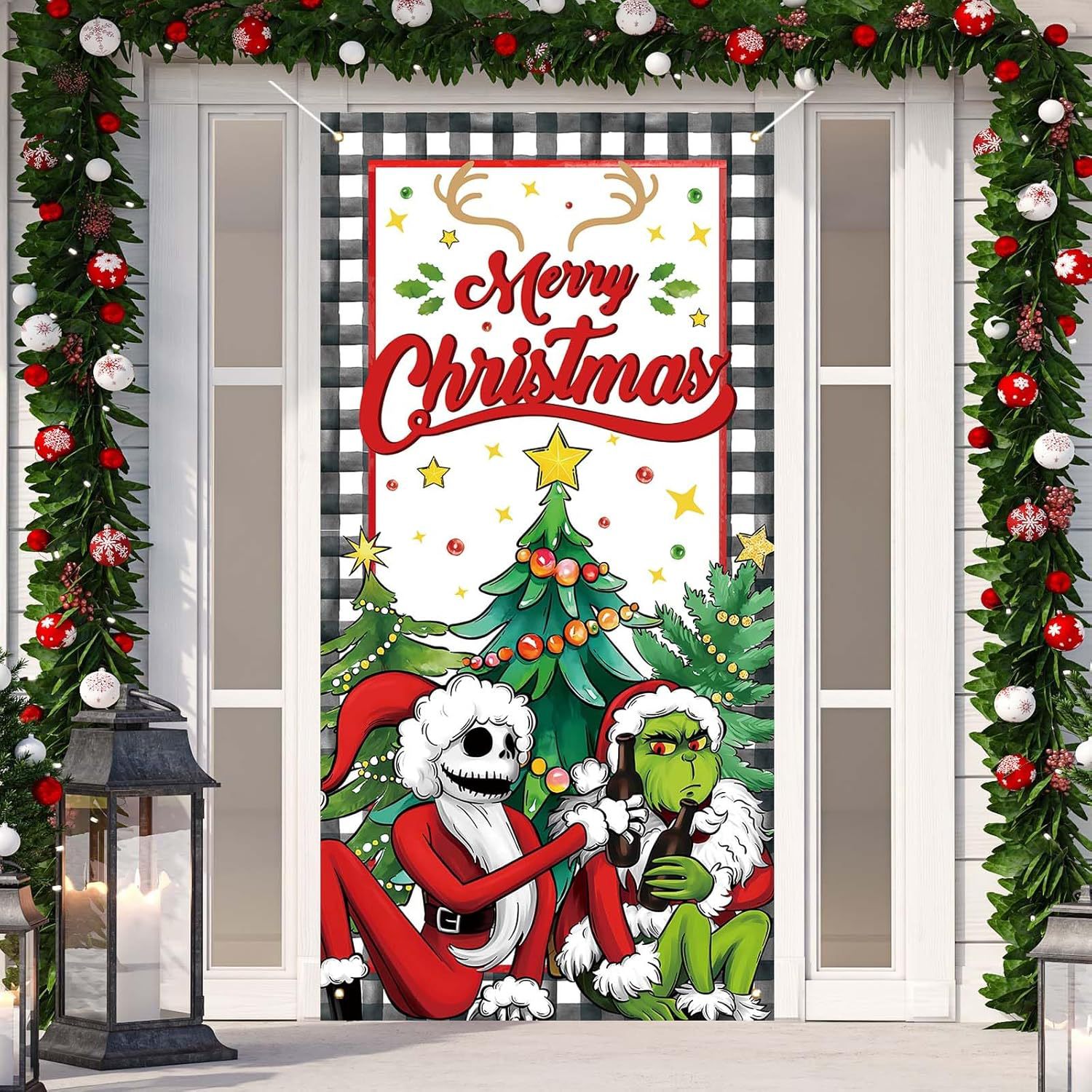 크리스마스 GRINCH 녹색 모피 괴물 매달려 배경 천 장식 아마존 도어 커버 매달려 천 국경 문 커버 태피스트리