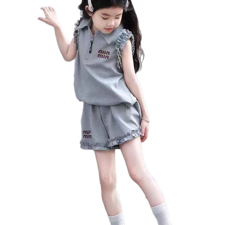 ネットセレブガール韓国風レーススーツ大きい子供用夏新作スタイルレターラペル半袖ショーツ2点セット
