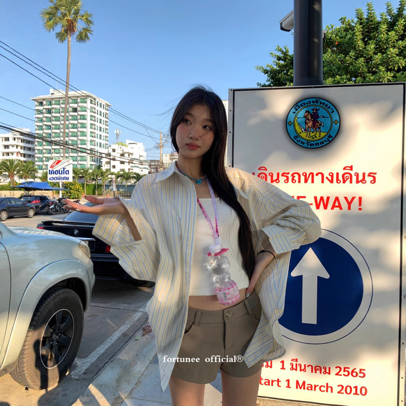 fortunee  春夏条纹长袖衬衫女韩版宽松休闲显瘦慵懒风中长款上衣|undefined