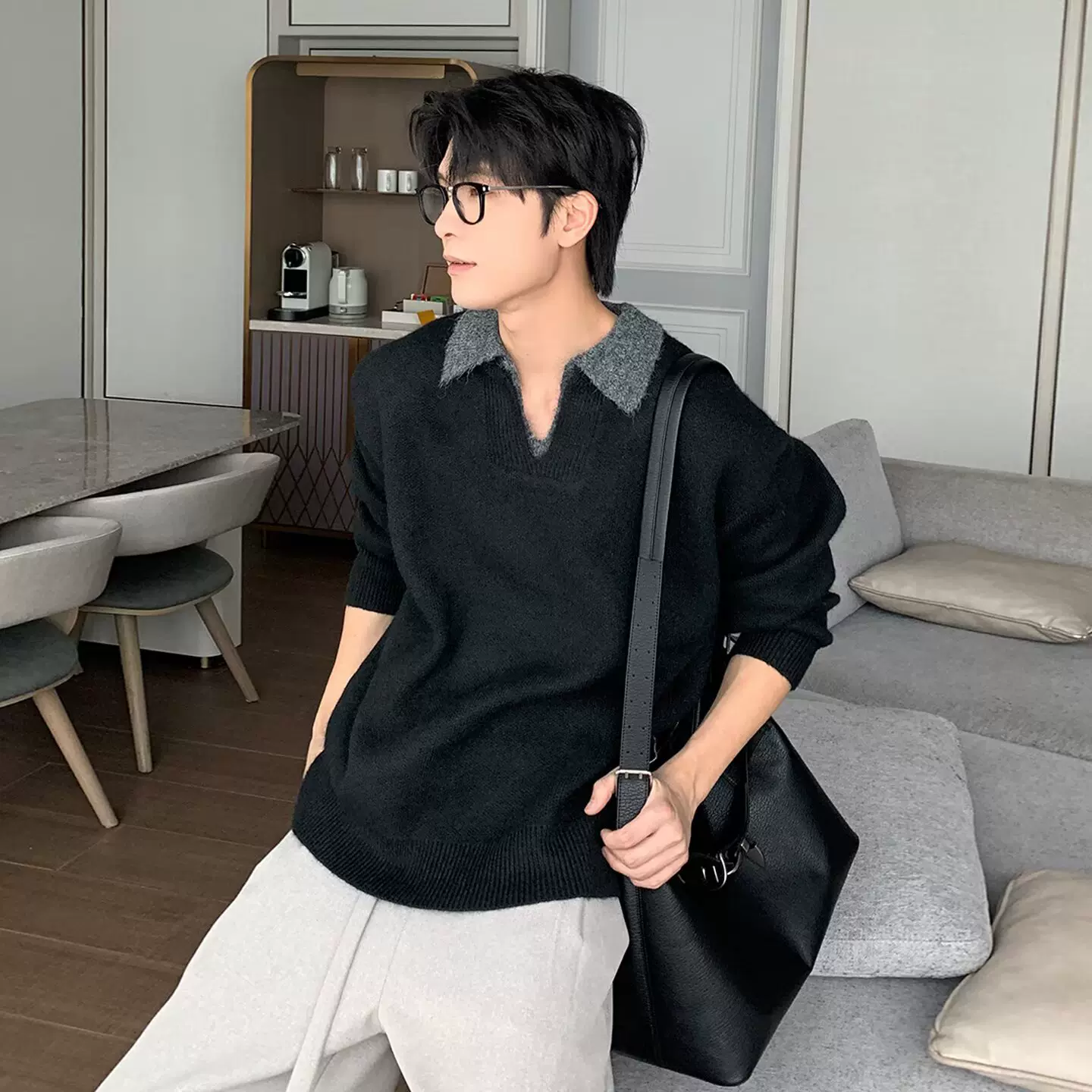 秋冬老钱风假两件翻领毛衣男美式复古cleanfit宽松百搭V领针织衫