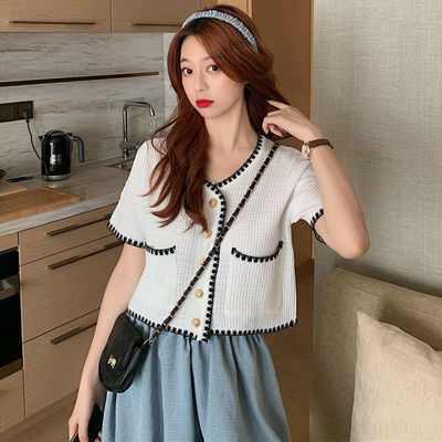 2021小香風短款淑女名媛V領花邊百搭短款顯瘦短袖針織開衫上衣女