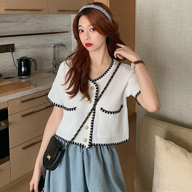 2021小香風短款淑女名媛V領花邊百搭短款顯瘦短袖針織開衫上衣女