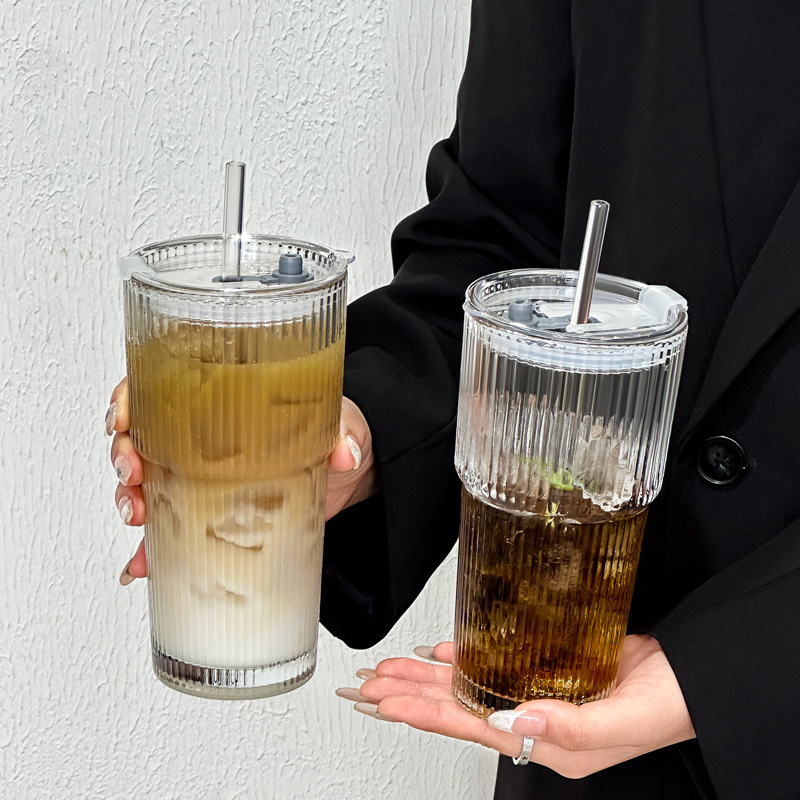 高颜值冷饮杯果汁咖啡杯带盖带吸管竖条纹玻璃杯水杯ins风大容量|undefined