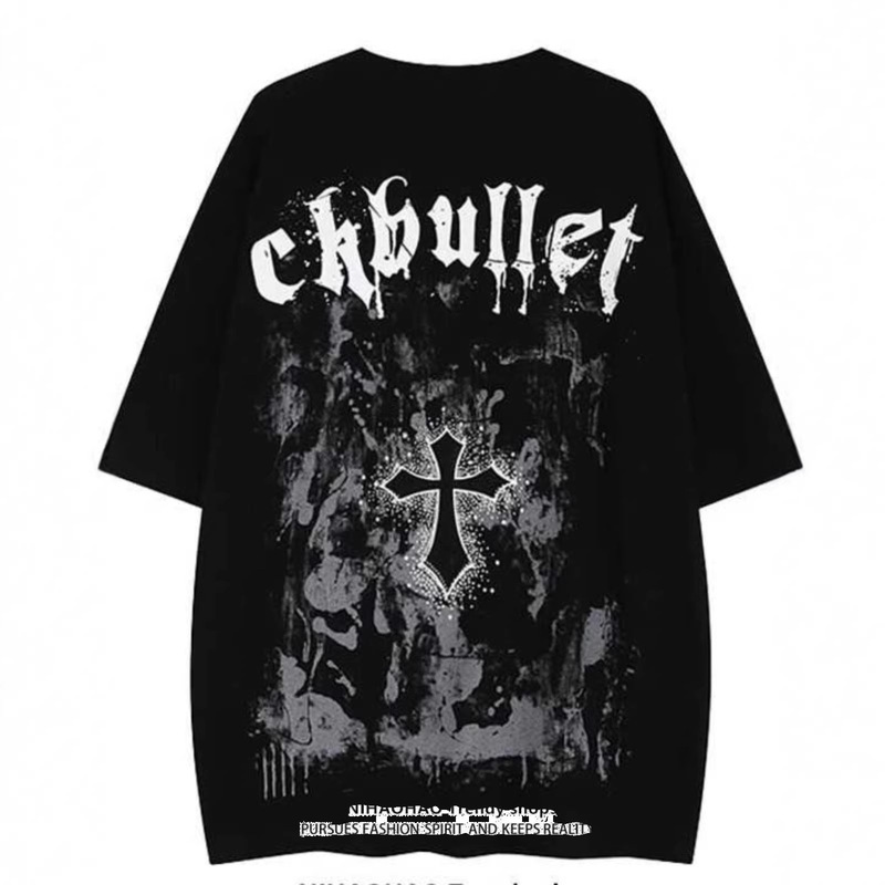 European and American Trendy Brand Cross Print Short-Sleeve T-Shirt for Men and Women, Plus Size, Loose Fit, Versatile, Dark Style Couple's Top European and American Trendy Brand Cross Print Short-Sleeve T-Shirt for Men and Women, Plus Size, Loose Fit, Versatile, Dark Style Couple's Top