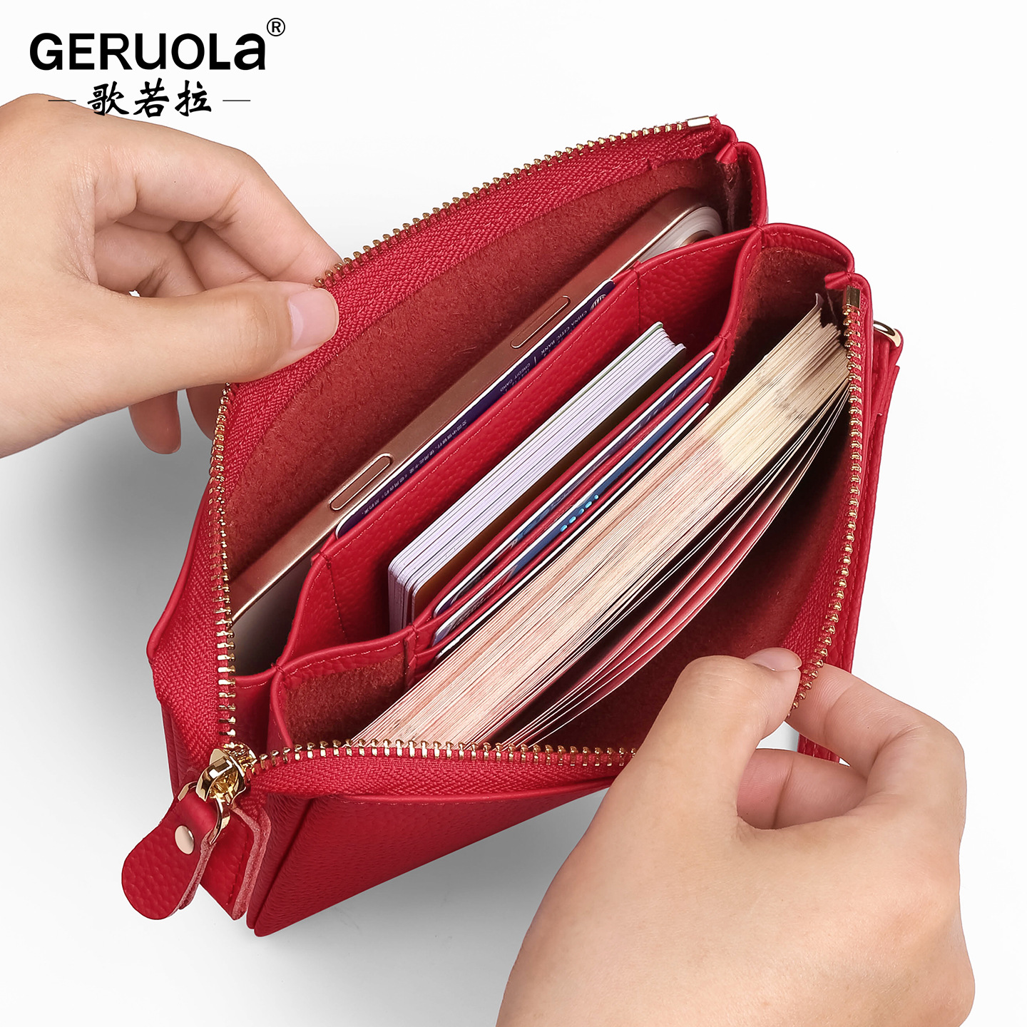Cartera de mujer de cuero de vaca de primera capa de una pieza de doble capa de gran capacidad de cuero suave japonés y coreano explosivo bolso de almacenamiento de cartera larga