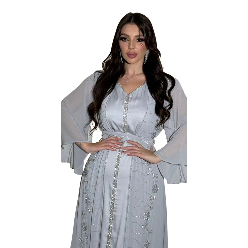 XQY500261 Four-Season Commuting Vest + Jacket Dress Chiffon Rhinestone Muslim Suit Robe_ecoleips.com