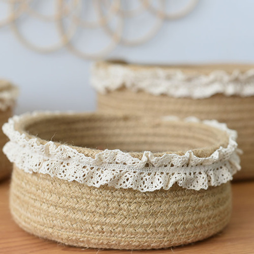 Cotton and Hemp Rope Flower Basket Storage Basket Snack Basket Household Basket Storage Box Handheld Lace Round Cross-border Miscellaneous Basket