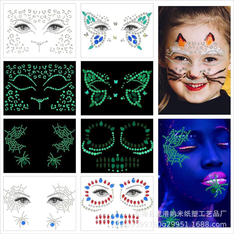 New Amazon Halloween Resin Tattoo Luminous Face Sticker Diamond Face Sticker Rhinestone Body Diamond Sticker Luminous Diamond
