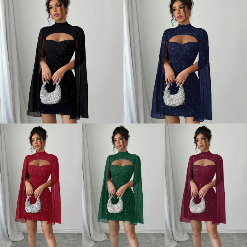 Real Photos of Foreign Trade Products: 1688 Alibaba Aliexpress Amazon European and American Style Shawl Sleeve Gold-Stamped Dress