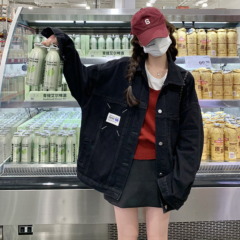 实拍学院风黑色牛仔外套女2025春秋新款chic韩版宽松机车夹克上衣|undefined