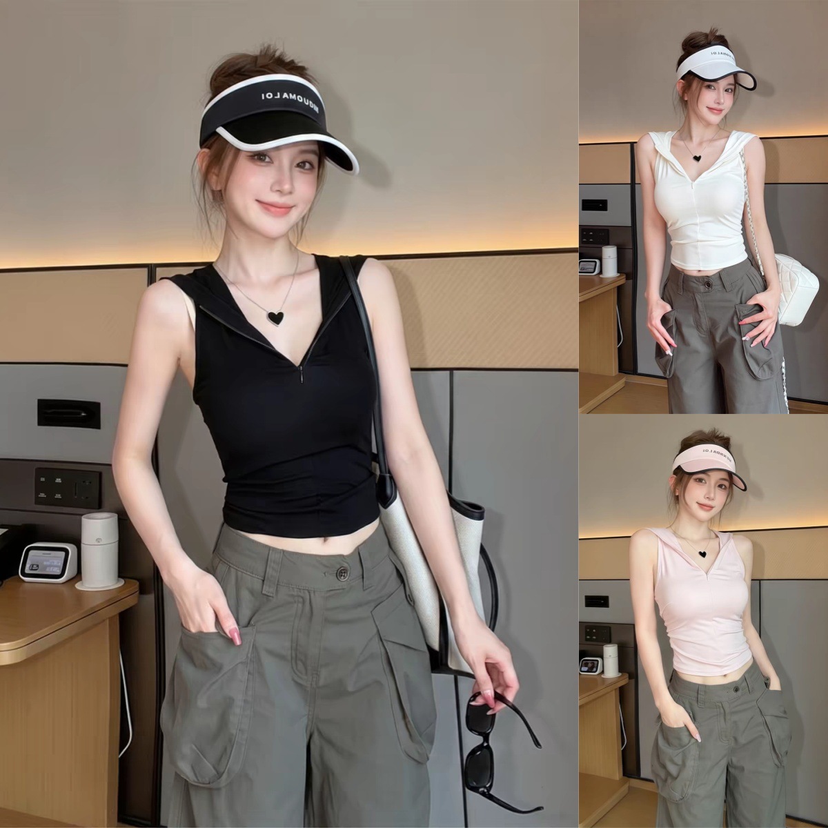 American-style hot girl style zip-up hooded sleeveless vest for women, summer design, fashionable, slim fit, flattering top 26209