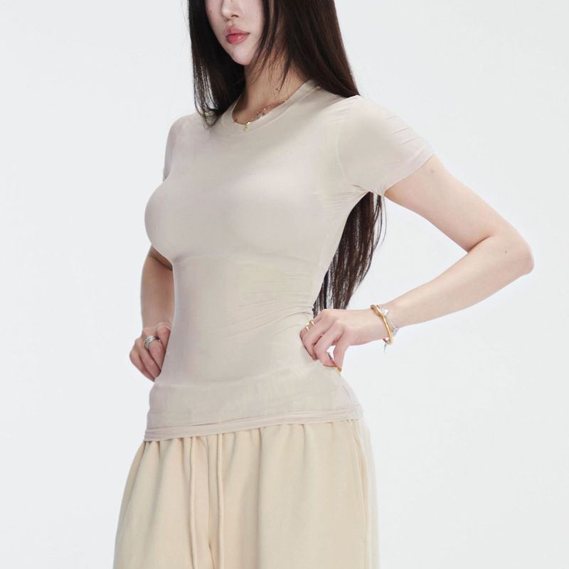 半袖春夏スリムフィット伸縮性右肩タイトピンクTシャツ半袖トップス女性用|undefined