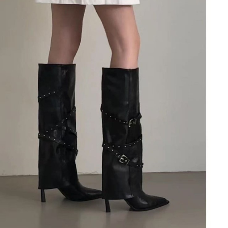 Pointed Metal Belt Buckle Rivets Retro Western Cowboy Boots High Heels Knight Sexy Long Tube Boots Women's Boots