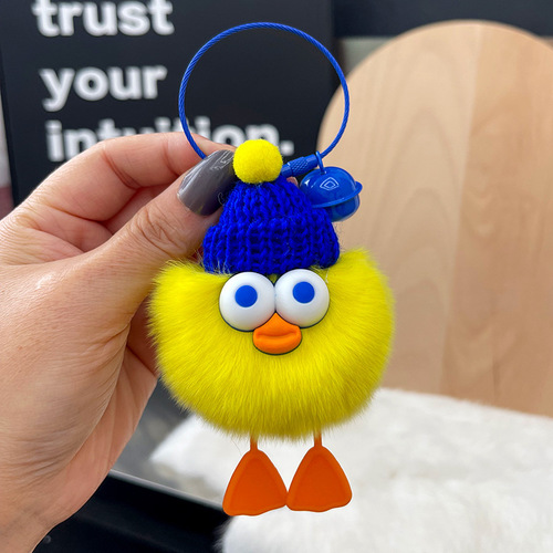 Real rex rabbit fur duck car keychain pendant cute little briquettes plush doll doll school bag pendant