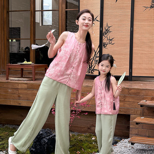 Play with Parents Summer New Mother and Dresses Vest Girls Baby New Chinese Jacquard Acetate Satin Vest suit