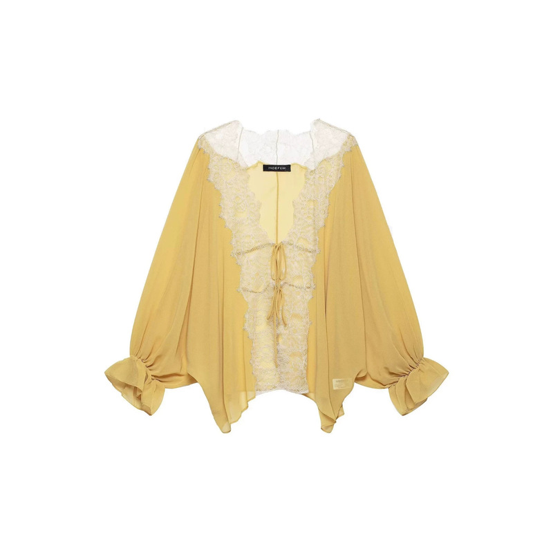 2026 Summer New Style Bow Tie Closure Layered Decorative Patchwork Lace Shirt