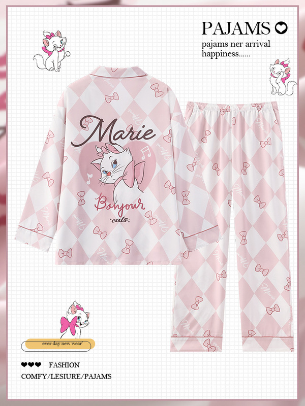 Mary Cat Spring and Autumn Pajamas Women's Ice Silk Cool Long Sleeve Cute Cartoon Thin Beautiful Girl Home Clothes Set