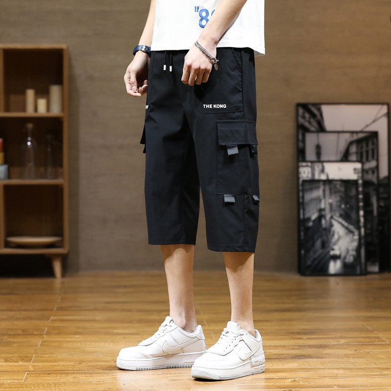 New Straight-Leg Men's Cropped Pants Summer Ice Silk Loose Workwear Youth Pants Casual Multi-Pocket Pants