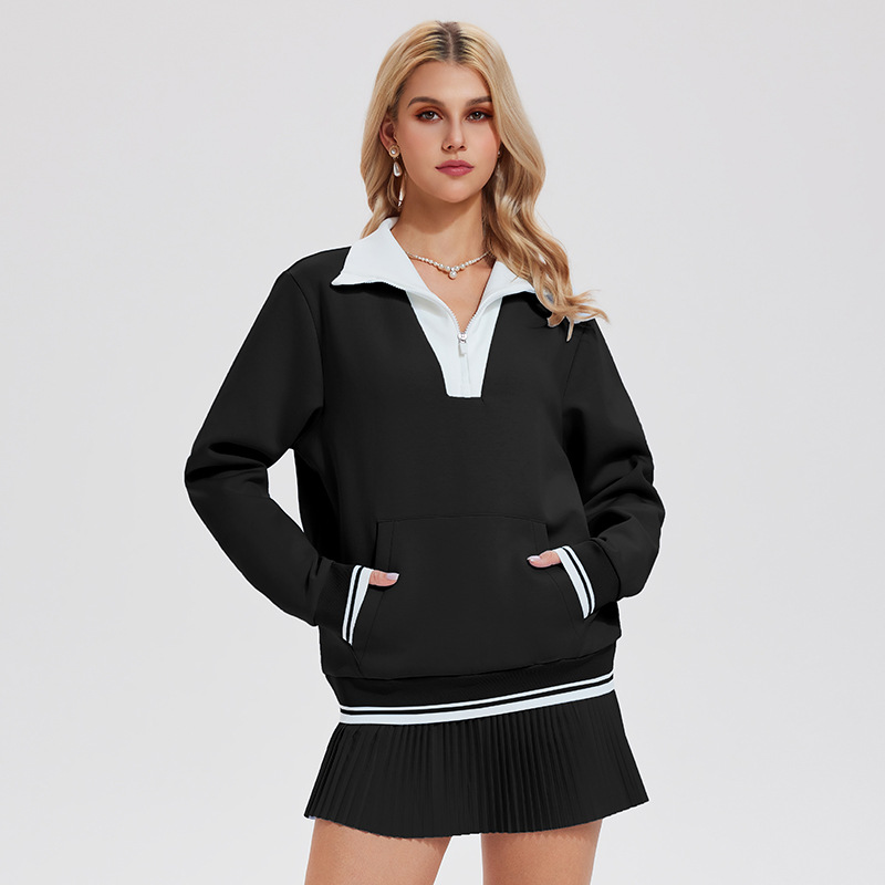 Transfronterizo amazon americano camiseta deportiva de alta calidad otoño invierno retro empalme con solapas de manga larga camiseta casual para mujeres image 11