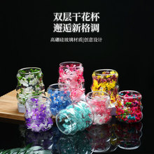 跨境批发真花螺纹杯 爆款内置干花双层杯高硼硅玻璃隔热真花云朵