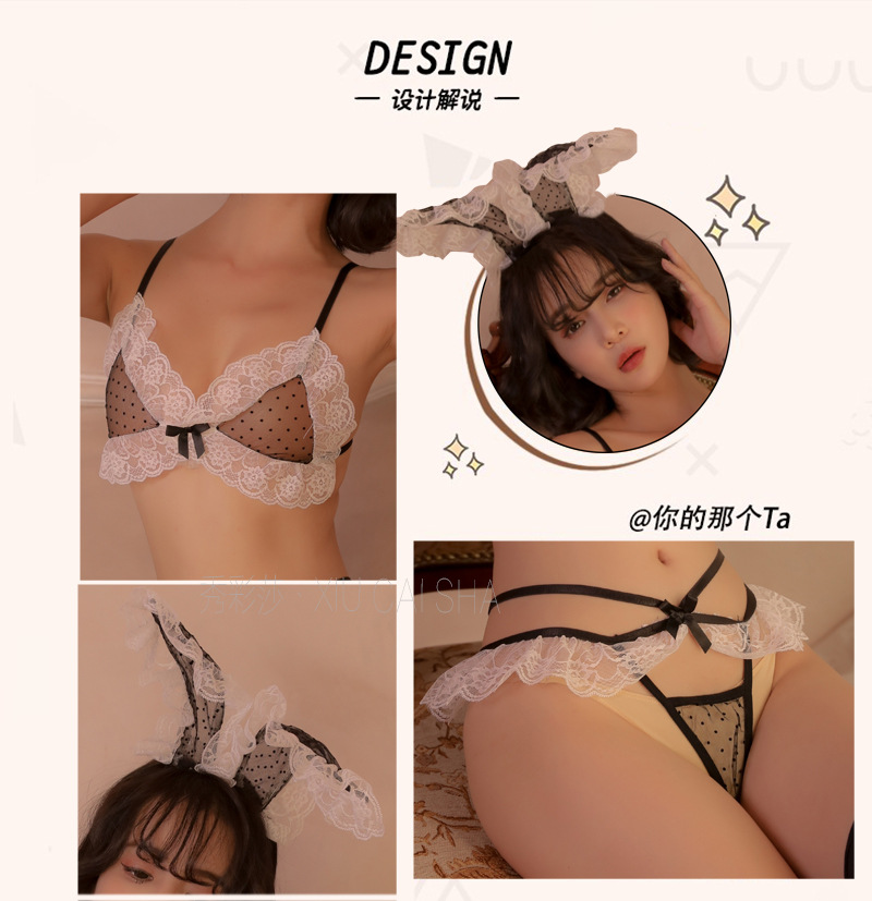 Bunny Girl Lingerie Set with Lace See-Through Top, Polka Dot Detail and Black Stockings — detail image 4
