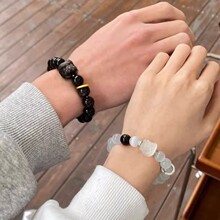 天然银曜石猫眼石水晶手链男女醒狮民族风情侣手串一对送礼物