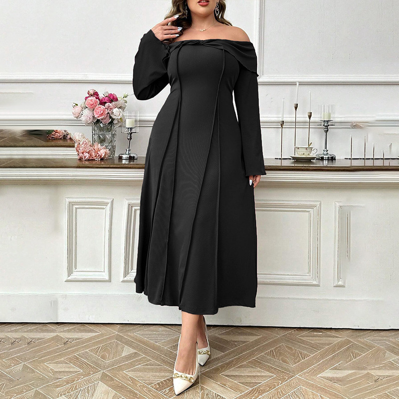 Amazon's Best-Selling Plus-Size Women's Clothing, Elegant and Intellectual Style Dress, Spring and Summer One-Line Neckline, Mature and Stylish Mid-Length Dress