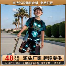 跨境外贸透气夏季儿童方块人3D印花套装潮流儿童套装短袖T恤套装