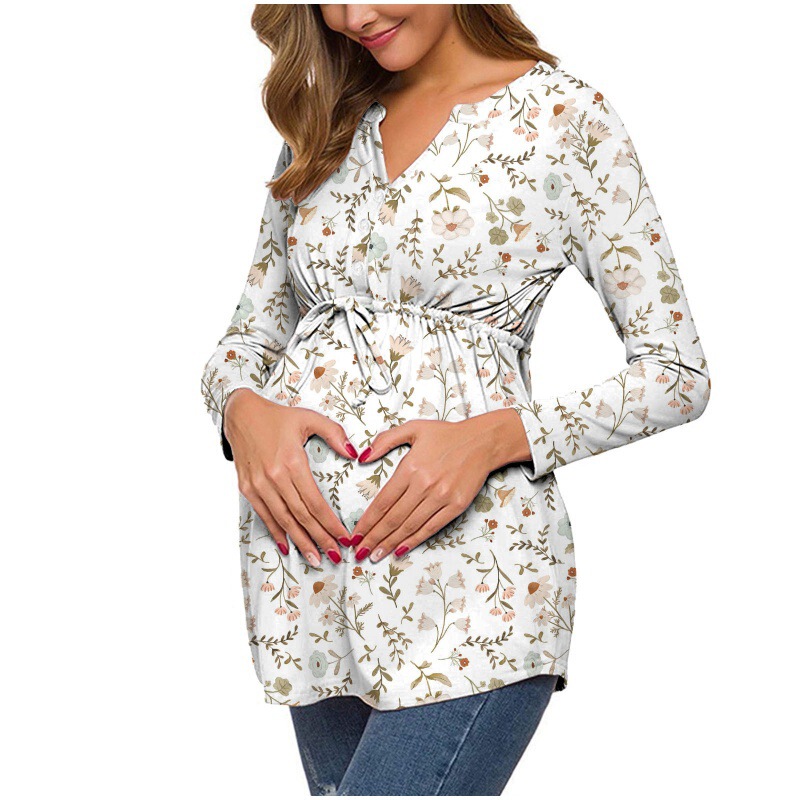 European and American 2022 Autumn and Winter Long-Sleeved V Neck Maternity Wear 3D Digital Printing Waist-Tie Nursing Top Dress Women's Fashion