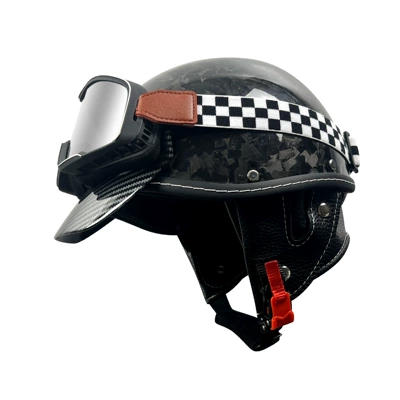 Electric Vehicle Helmet Motorcycle Half | Motosiklet kaskı (dəbilqə) - black-carbon-fiber-helmet-forged-pattern-electroplated-silver-goggles-m