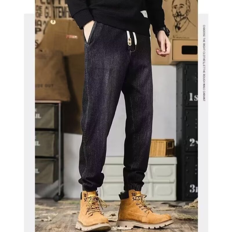 2024 primavera y otoño pantalones vaqueros de cintura elástica todo fósforo para hombres, pantalones de pierna ancha rectos sueltos para adolescentes de la calle principal