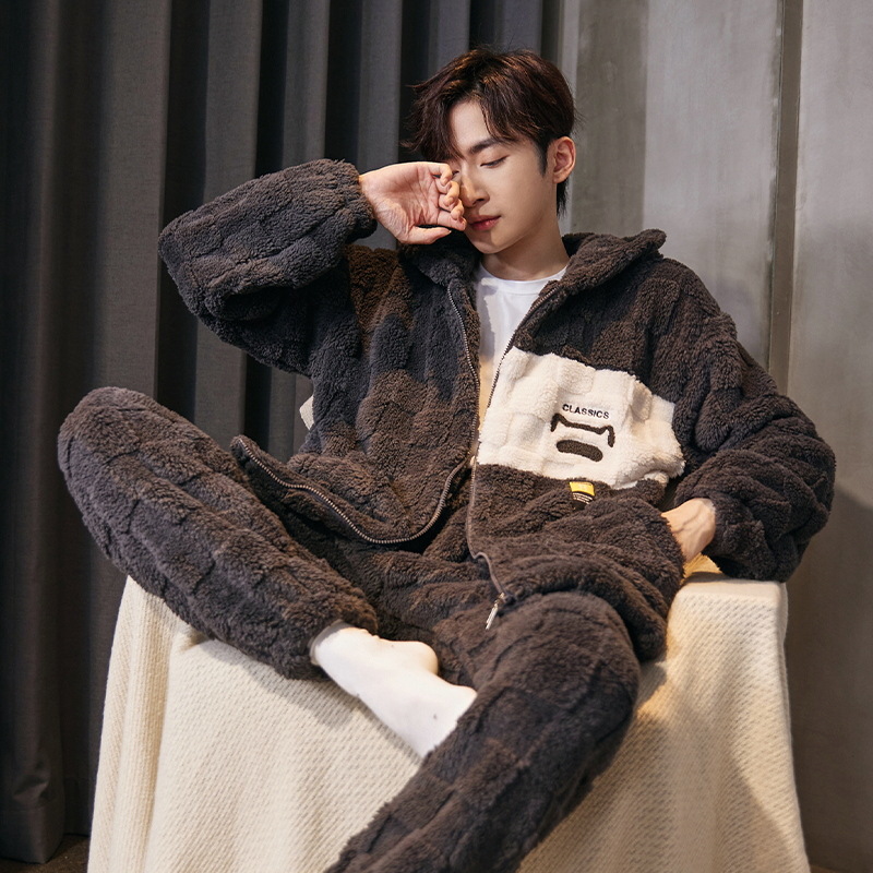 Pijamas Otoño e Invierno de los hombres de lana de coral forrado de lana gruesa caliente con capucha franela suelta más tamaño homewear traje